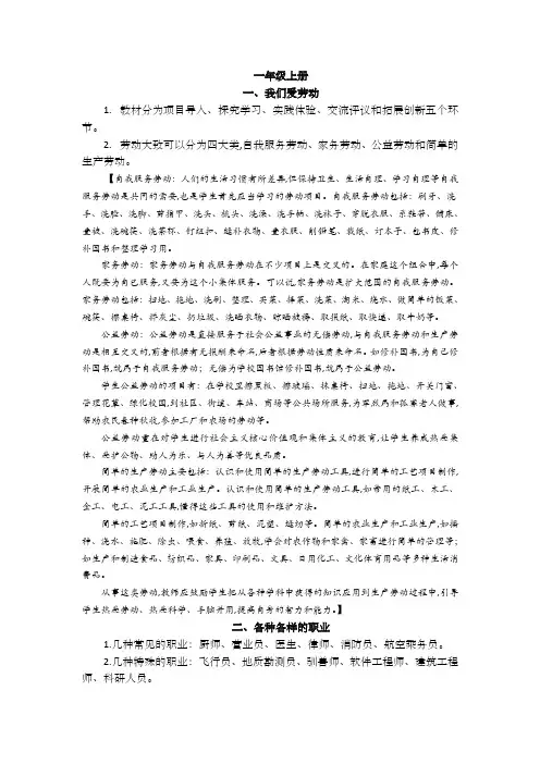 苏教版劳动与技术一年级上册知识点梳理