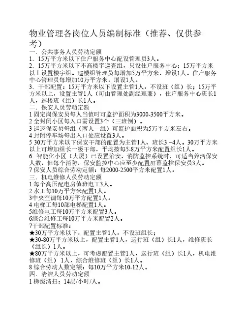 物业管理各岗位人员编制标准