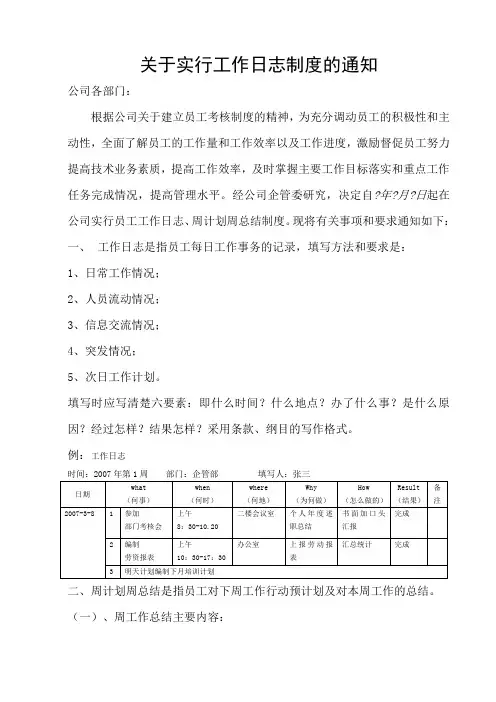 关于实行工作日志制度的通知