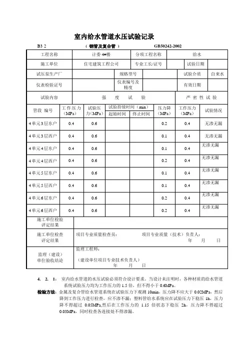 B3-2室内给水管道水压试验记录(钢管及复合管)