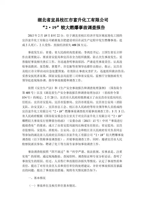 湖北省宜昌枝江市富升化工有限公司“2·19”较大燃爆事故调查报告