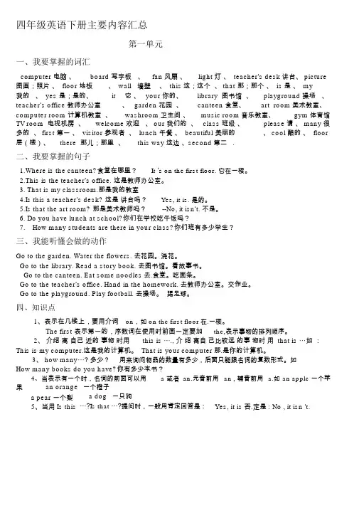 四年级英语下册主要内容汇总(单元复习提纲)6名师优秀资料