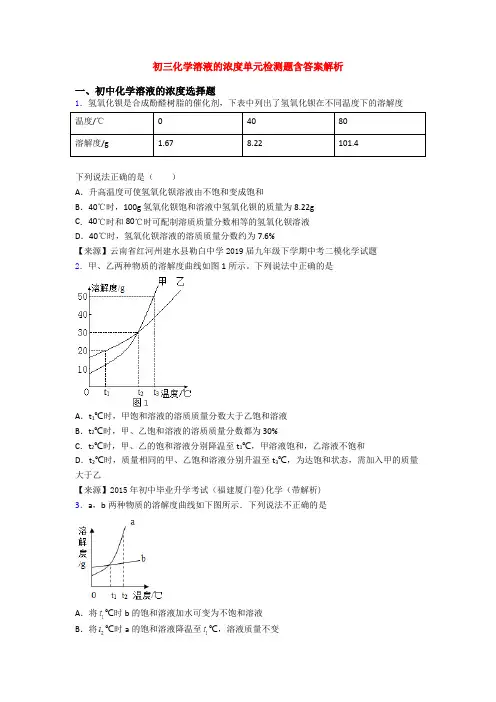 初三化学溶液的浓度单元检测题含答案解析