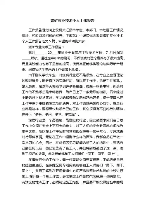 煤矿专业技术个人工作报告