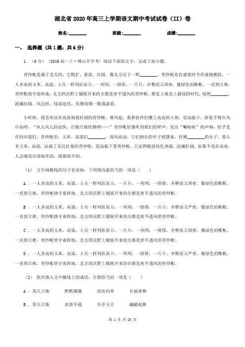 湖北省2020年高三上学期语文期中考试试卷(II)卷