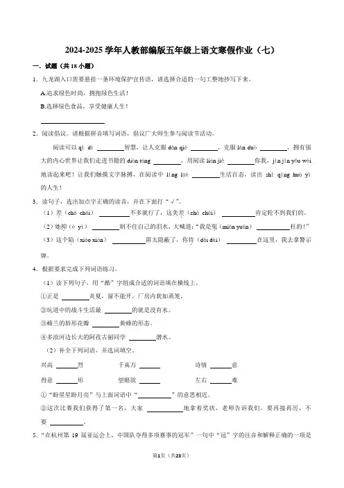 2024-2025学年人教部编版五年级上语文寒假作业(七)