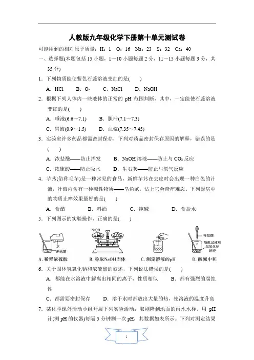 人教版九年级化学下册第十单元测试卷(含答案)