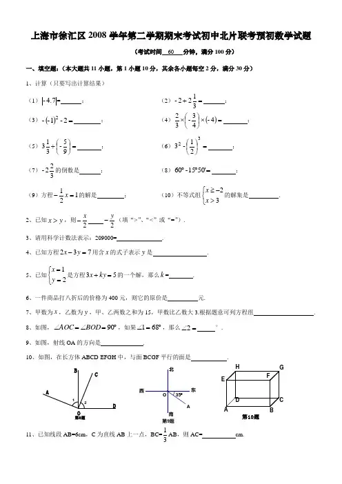 上海市徐汇区2008学年第二学期期末考试初中北片联考预初数学试题(附标准答案)