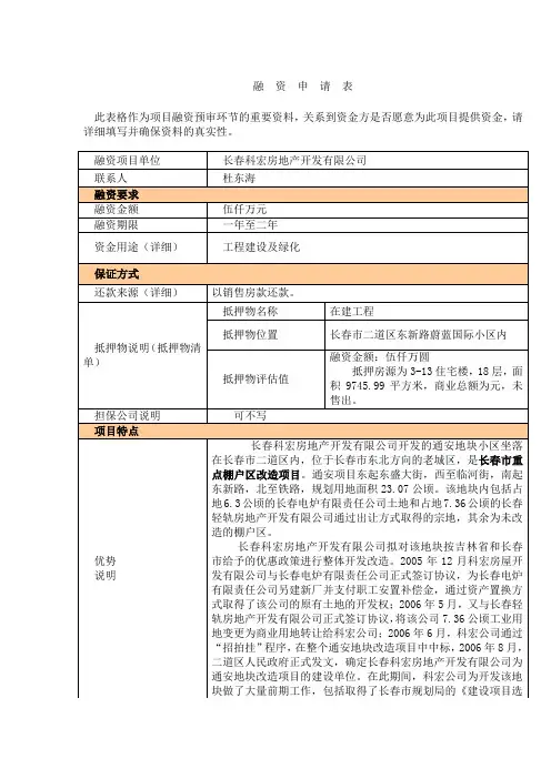 项目融资申请表(完整)