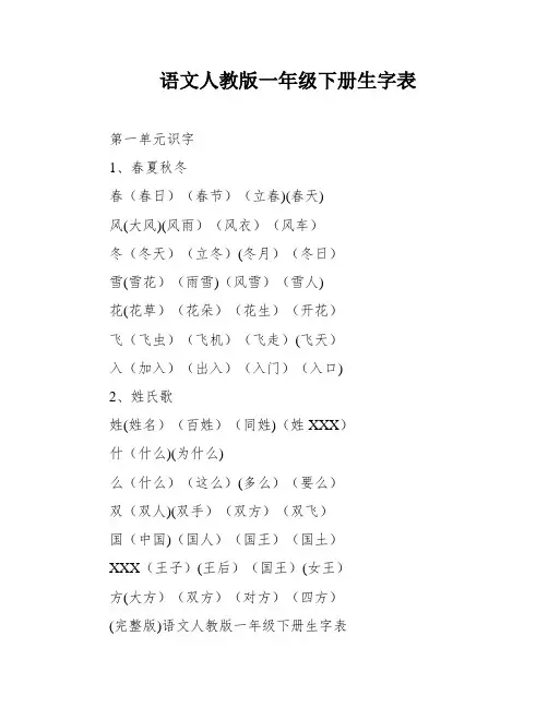 语文人教版一年级下册生字表