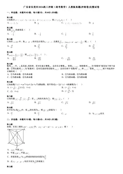 广东省东莞市2024高三冲刺(高考数学)人教版真题(冲刺卷)完整试卷