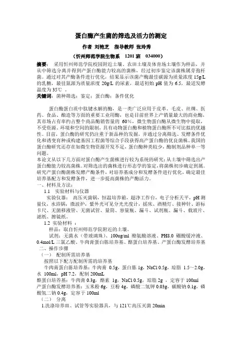 蛋白酶产生菌的筛选及活力的测定