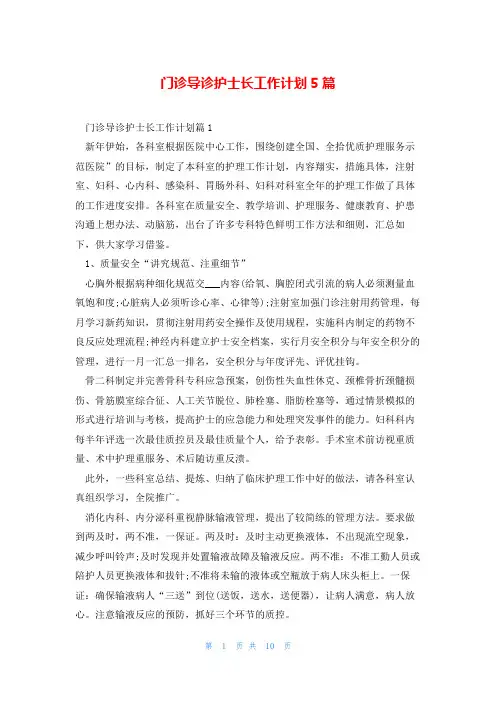门诊导诊护士长工作计划5篇