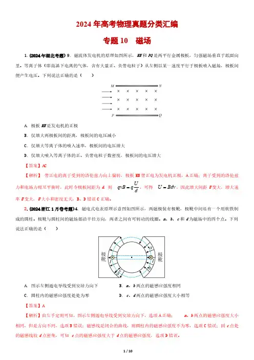 2024年高考物理真题分类汇编专题10  磁场