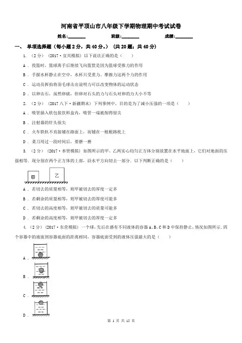 河南省平顶山市八年级下学期物理期中考试试卷