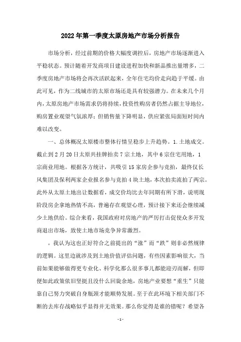 2022年第一季度太原房地产市场分析报告