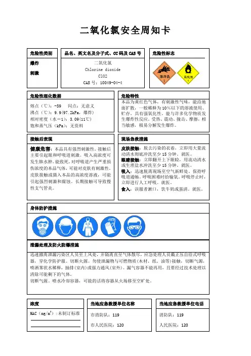 二氧化氯安全周知卡、职业危害告知卡、理化特性表