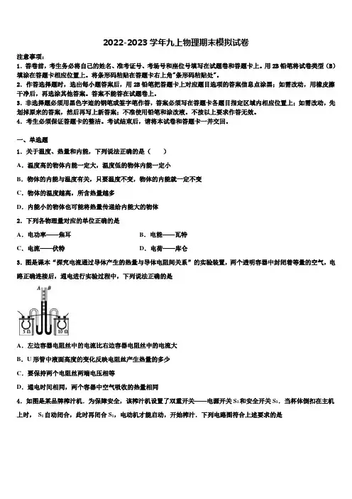 2022-2023学年安徽省芜湖市埭南中学物理九年级第一学期期末学业质量监测模拟试题含解析