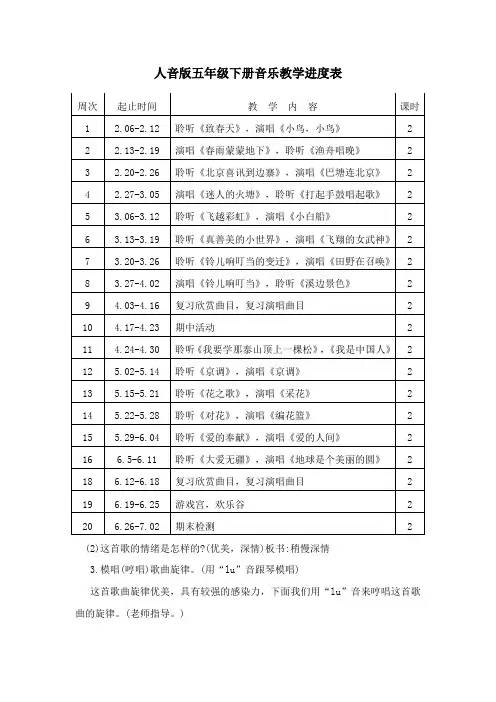 人音版五年级下册音乐教学进度表