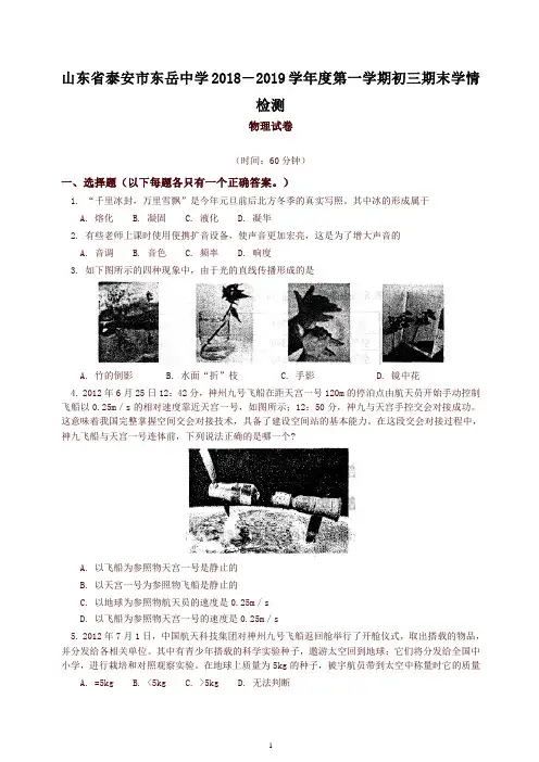 人教版山东省泰安市东岳中学2018-2019学年上学期初中九年级期末学情检测物理试卷(含答案)