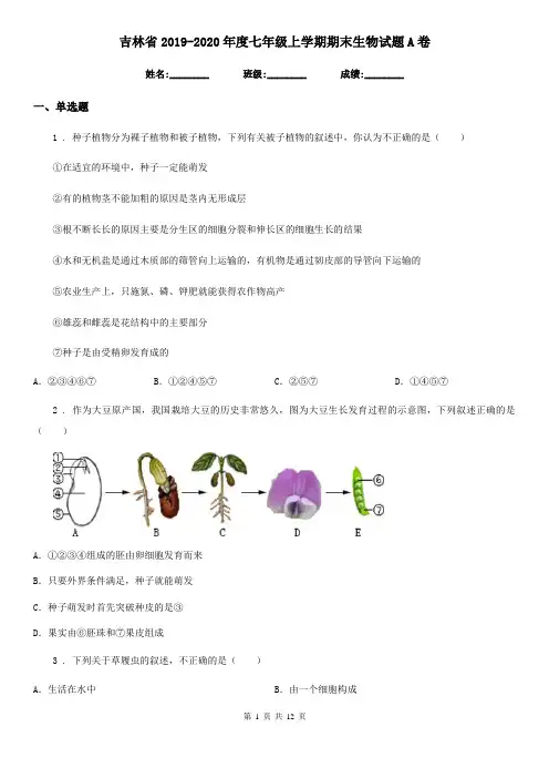 吉林省2019-2020年度七年级上学期期末生物试题A卷