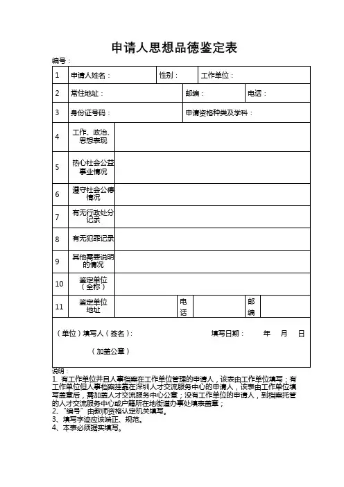 申请人思想品德鉴定表【模板】