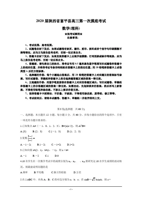 2020届陕西省富平县高三第一次摸底考试 数学(文)