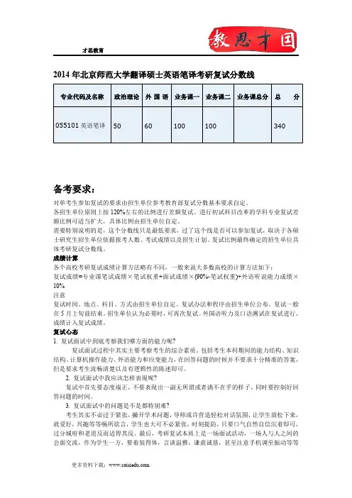 2014年北京师范大学翻译硕士英语笔译考研复试分数线