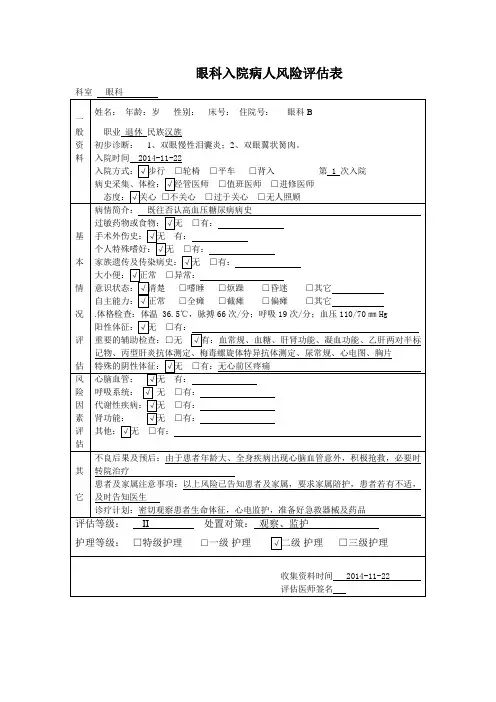 眼科入院病人风险评估表