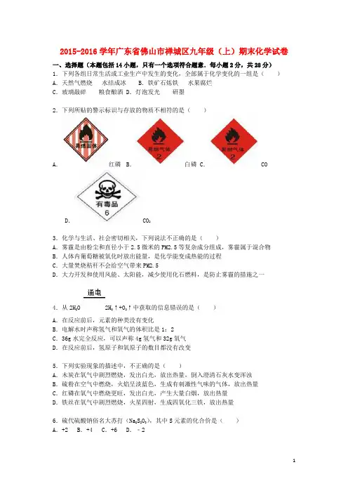 广东省佛山市禅城区九年级化学上学期期末试题(含解析) 新人教版