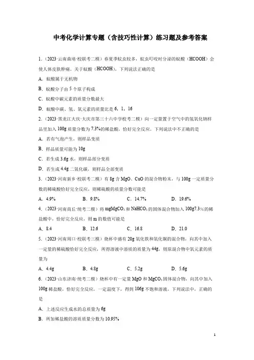 中考化学计算专题(含技巧性计算)练习题及参考答案(全国通用)(原卷版)