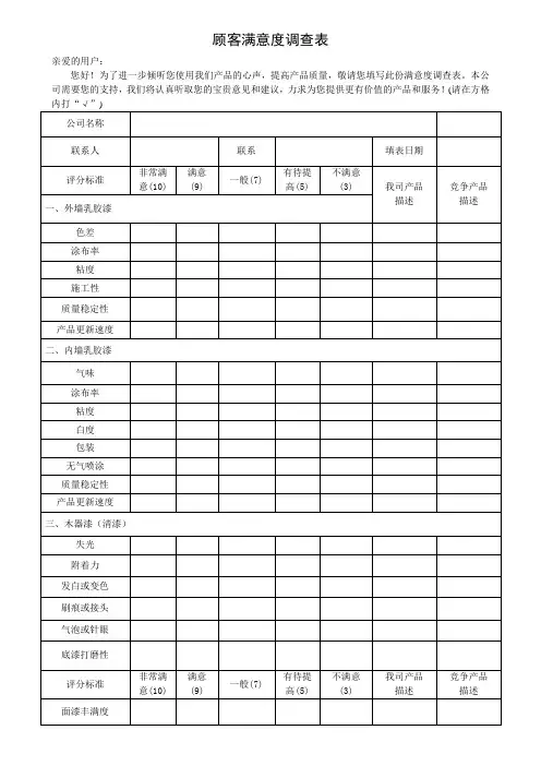 涂料顾客满意度调查表