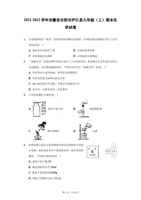 2021-2022学年安徽省合肥市庐江县九年级(上)期末化学试卷(附详解)