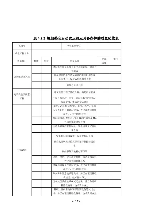 机组整套启动试运前应具备条件的质量验收表