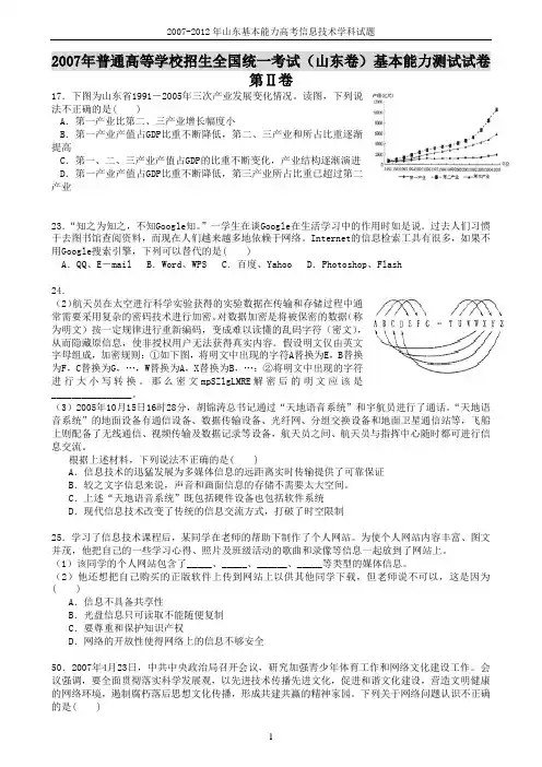 2007-2012年山东基本能力高考信息技术学科试题