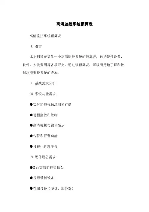 高清监控系统预算表