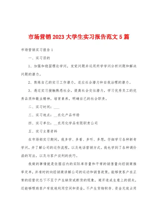 市场营销2023年大学生实习报告范文5篇
