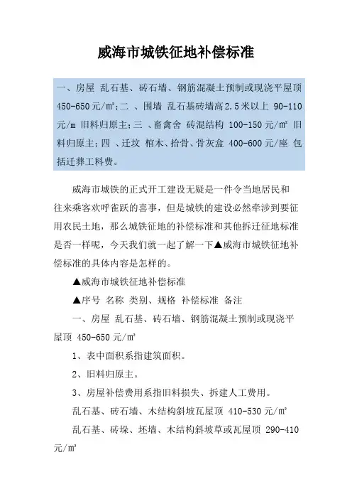 威海市城铁征地补偿标准