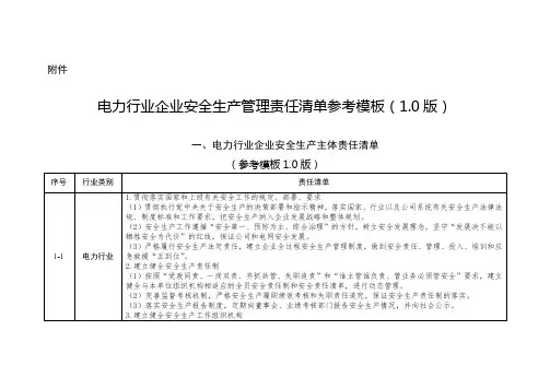 四川《电力行业企业安全生产管理责任清单参考模板(1.0版)》
