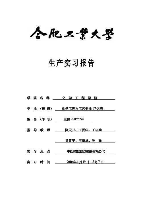 中盐安徽红四方股份有限公 司合肥工业大学 化工学院 实习报告