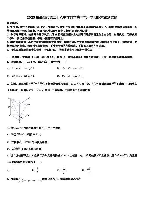 2025届西安市第二十六中学数学高三第一学期期末预测试题含解析