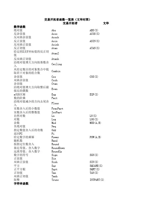交易开拓者函数与文华对照表