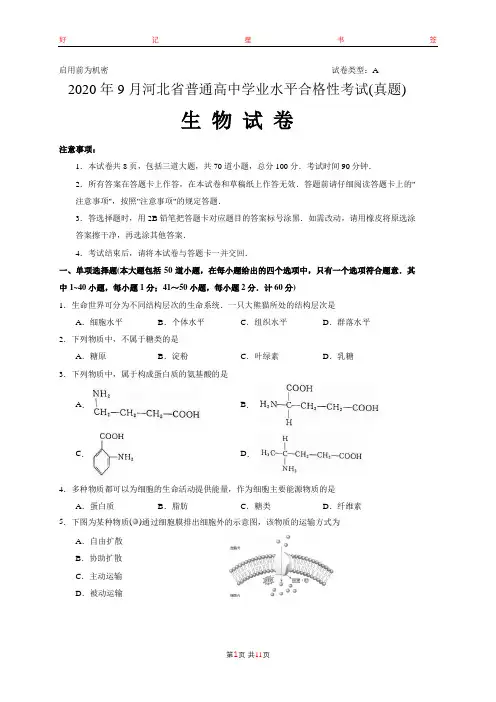 2020年9月河北省普通高中学业水平合格性考试生物试卷(含答案)