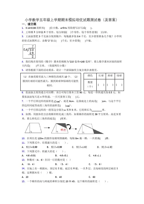 小学数学五年级上学期期末模拟培优试题测试卷(及答案)