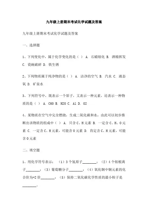 九年级上册期末考试化学试题及答案
