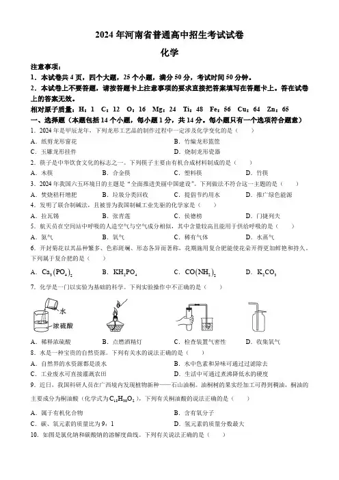 2024年河南省南阳市多校中考模拟九年级化学试题(含答案)