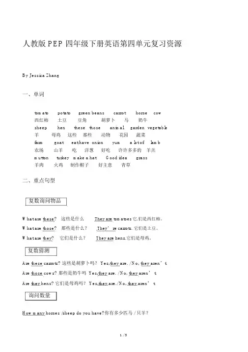 人教版PEP四年级下册英语第四单元复习资源全.docx