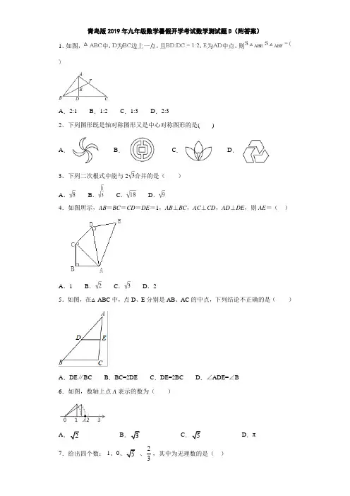 青岛版2019年九年级数学暑假开学考试数学测试题D(附答案)