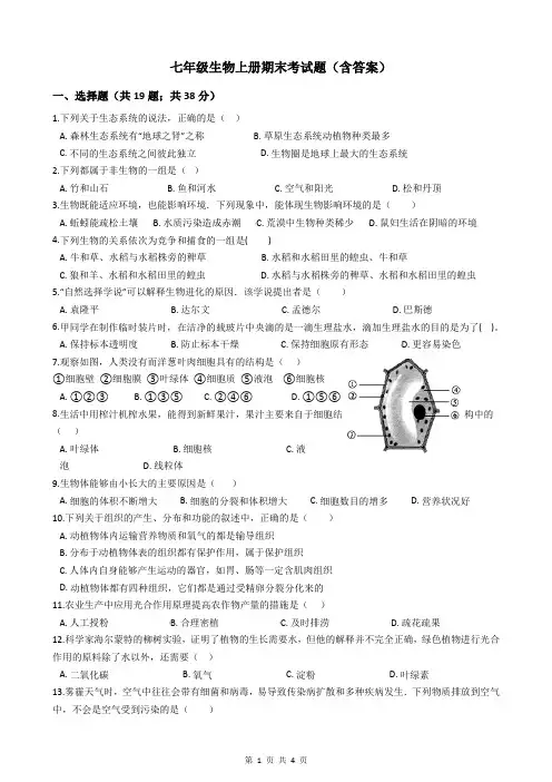 七年级生物上册期末考试题(含答案)