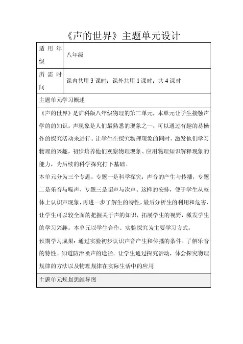 初中物理《声的世界》单元教学设计以及思维导图